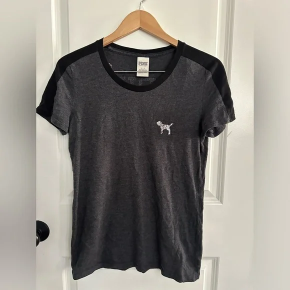PINK Victoria Secrets Grey/Blacj with Sequence Tshirt Size L - Picture 1 of 9